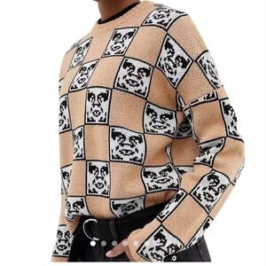 Obey x André the Giant Checkerboard Knit Sweater Tan Black Size S Oversized